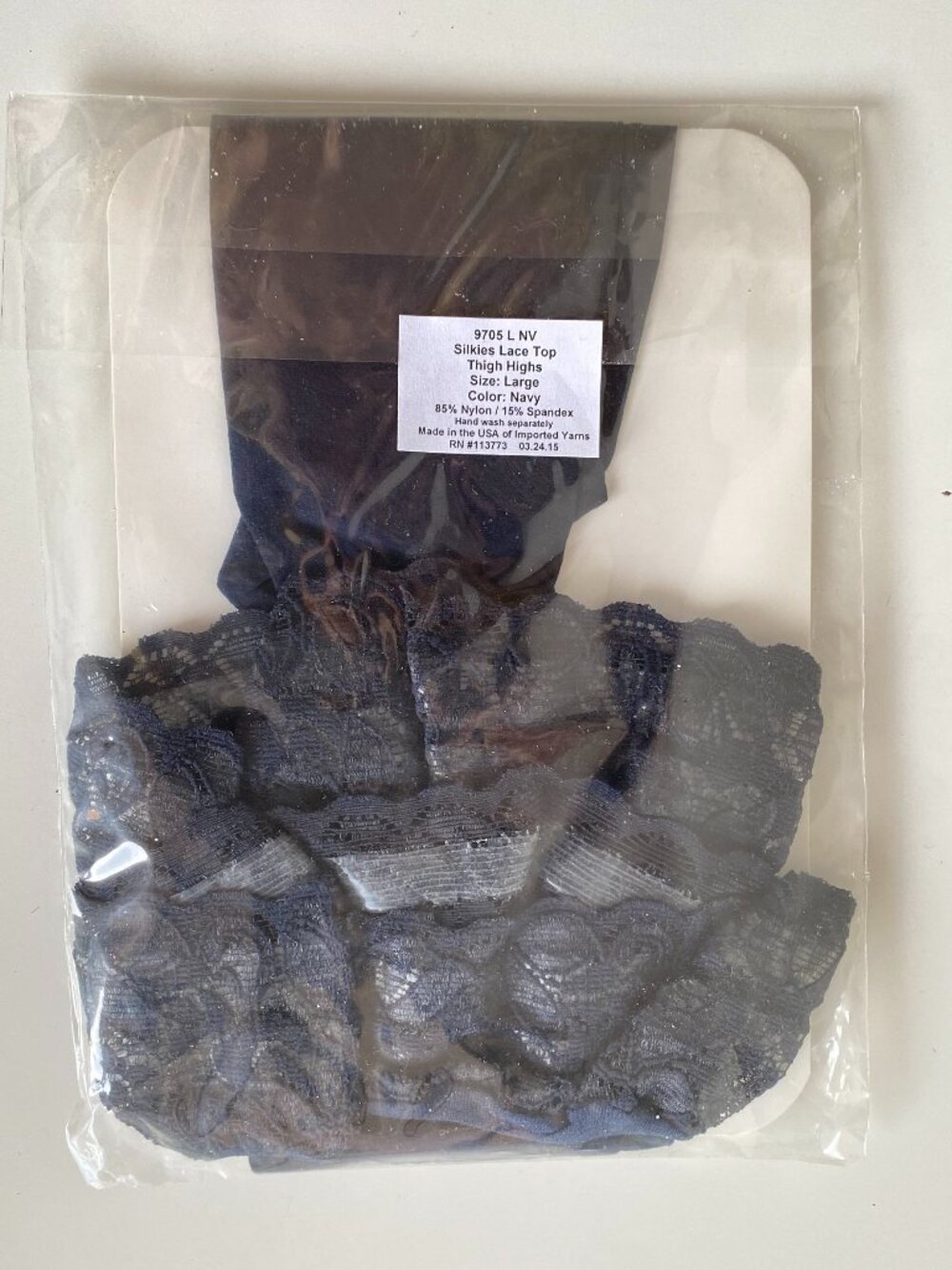 Silkies Lace Top Thigh Highs Stockings Size Large Navy Color USA made